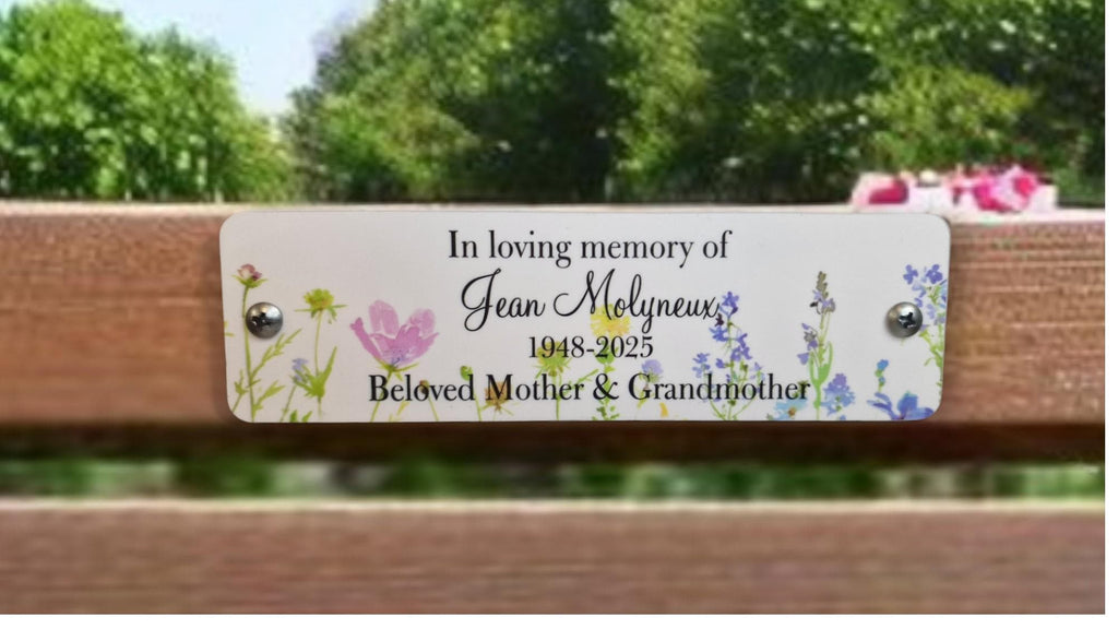 Personalised Floral Memorial Bench Plaque - Anniversary - Garden - Tree - Commemoration - Urn - Casket - Grave marker - Indoor - Outdoor
