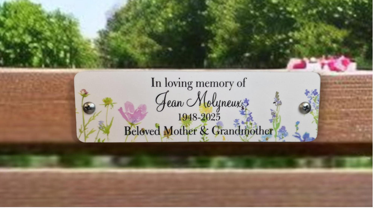 Personalised Floral Memorial Bench Plaque - Anniversary - Garden - Tree - Commemoration - Urn - Casket - Grave marker - Indoor - Outdoor