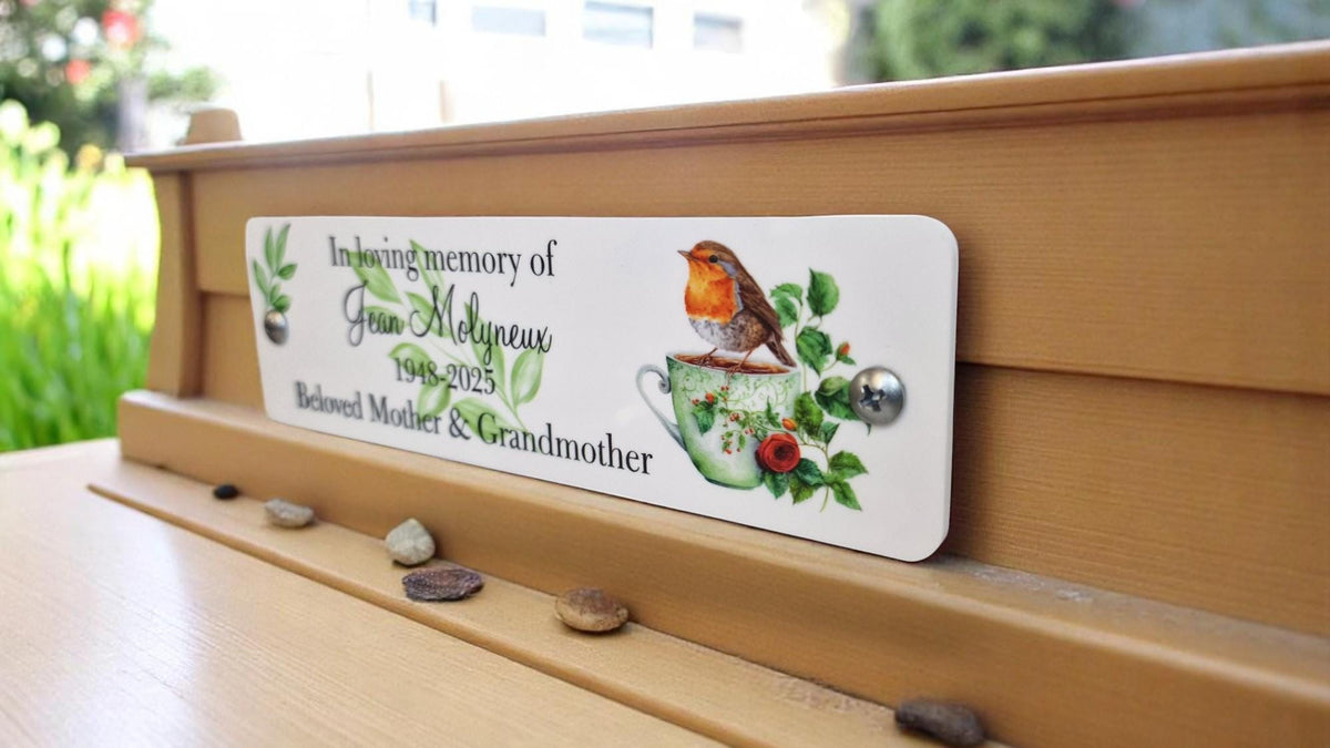 Personalised Robin Memorial Bench Plaque - Anniversary - Garden - Tree - Commemoration - Urn - Casket - Grave marker - Indoor - Outdoor