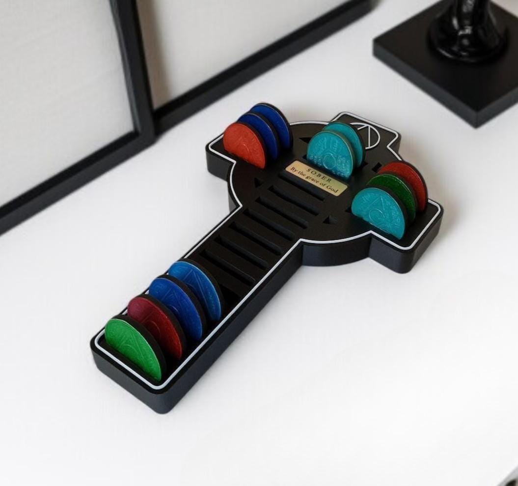 Personalised Recovery Token Display Cross - Religious - Chips - Recovery Chip Holder - AA display - Sobriety - Ornament - Coins - Serenity