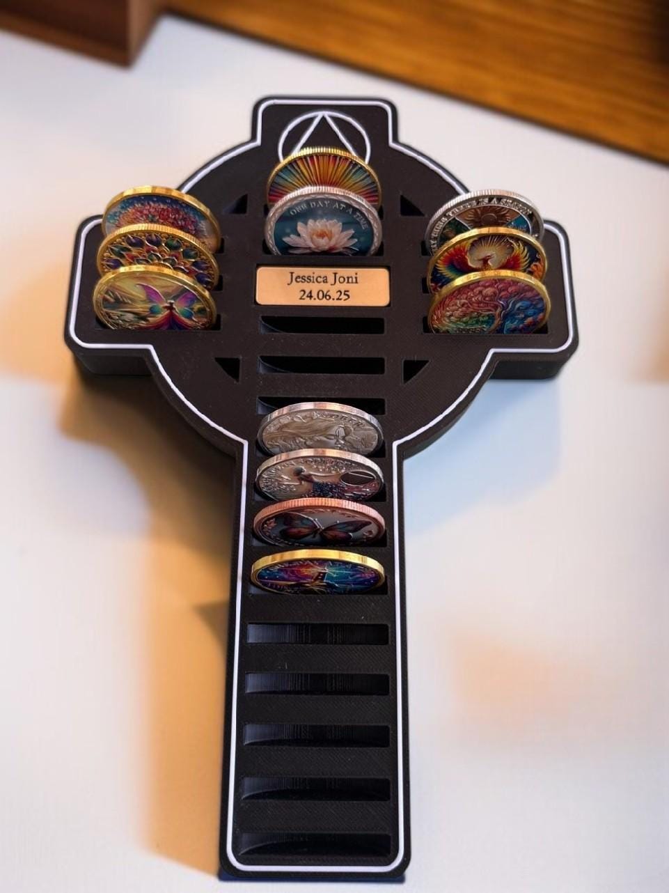 Personalised Recovery Token Display Cross - Religious - Chips - Recovery Chip Holder - AA display - Sobriety - Ornament - Coins - Serenity