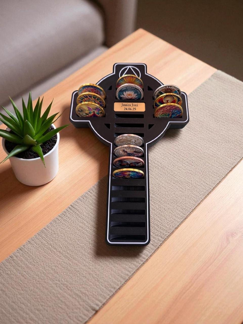 Personalised Recovery Token Display Cross - Religious - Chips - Recovery Chip Holder - AA display - Sobriety - Ornament - Coins - Serenity