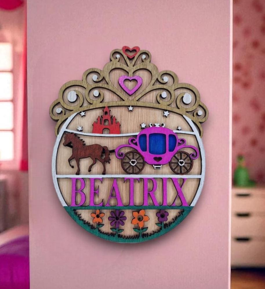 Personalised princess bedroom name Plaque - Name Sign - Gift - Craft kit - Horse - Tiara - Magical - Fairy - Castle - Playroom - Cinderella