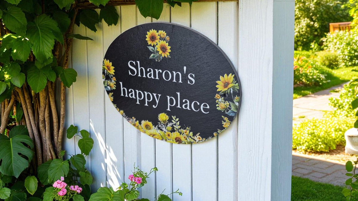 Personalised Sunflower design house name - number plaque - Welsh slate - Indoor - Outdoor - Garden - Caravan - Wendy house - Display - Gift