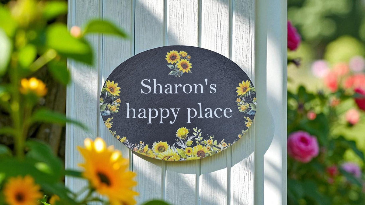 Personalised Sunflower design house name - number plaque - Welsh slate - Indoor - Outdoor - Garden - Caravan - Wendy house - Display - Gift
