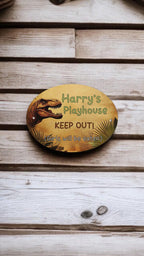 Personalised Dinosaur play house name - number plaque - Welsh slate - Indoor - Outdoor - Garden - Caravan - Wendy house - Display - Gift -