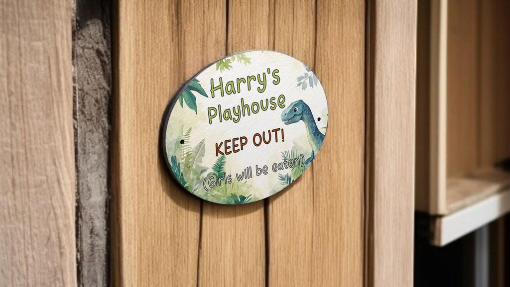 Personalised Dinosaur play house name - number plaque - Welsh slate - Indoor - Outdoor - Garden - Caravan - Wendy house - Display - Gift -