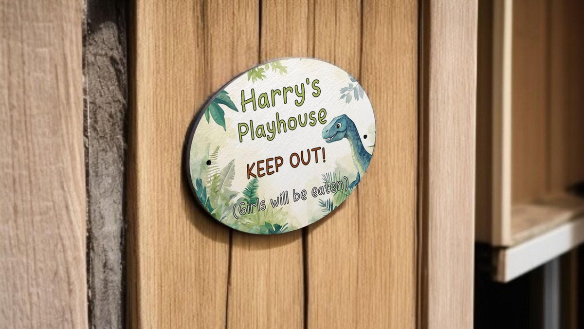 Personalised Dinosaur play house name - number plaque - Welsh slate - Indoor - Outdoor - Garden - Caravan - Wendy house - Display - Gift -