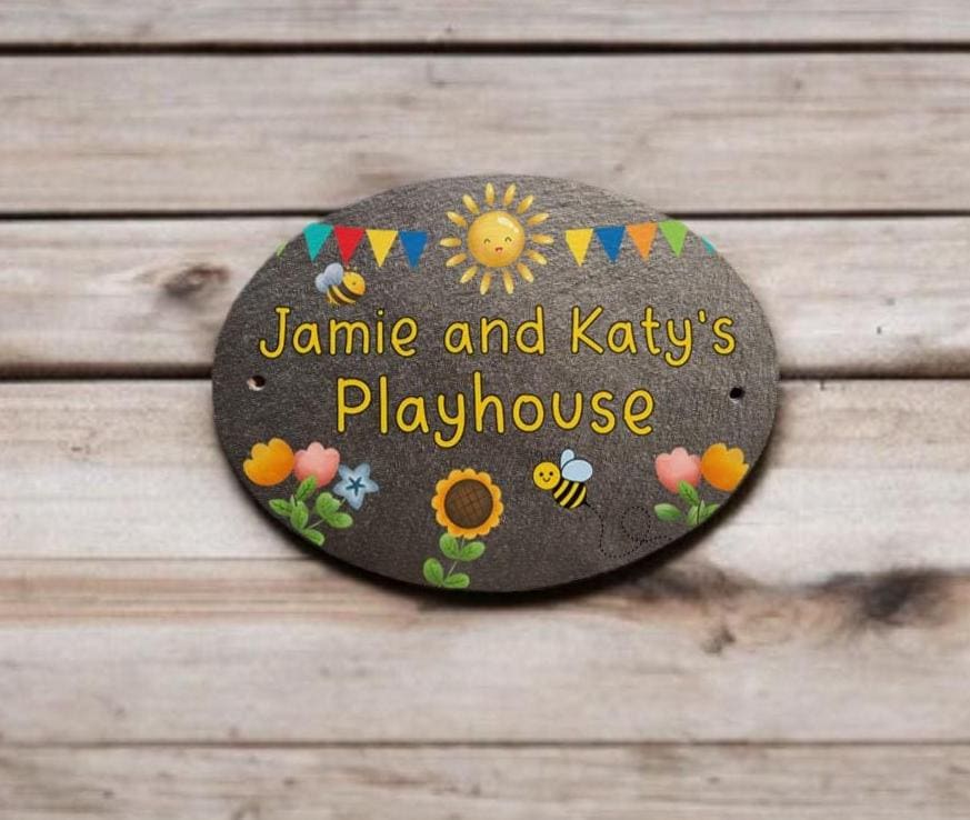 Personalised play house name - number plaque - Welsh slate - Indoor - Outdoor - Garden - Caravan - Wendy house - Display - Gift - Busy Bee