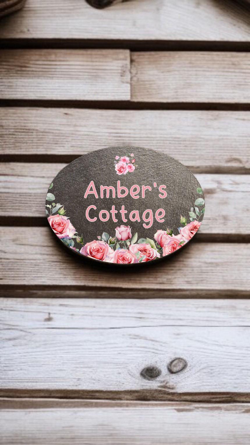 Personalised pink rose play house name - number plaque - Welsh slate - Indoor - Outdoor - Garden - Caravan - Wendy house - Display - Gift