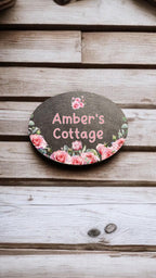Personalised pink rose play house name - number plaque - Welsh slate - Indoor - Outdoor - Garden - Caravan - Wendy house - Display - Gift