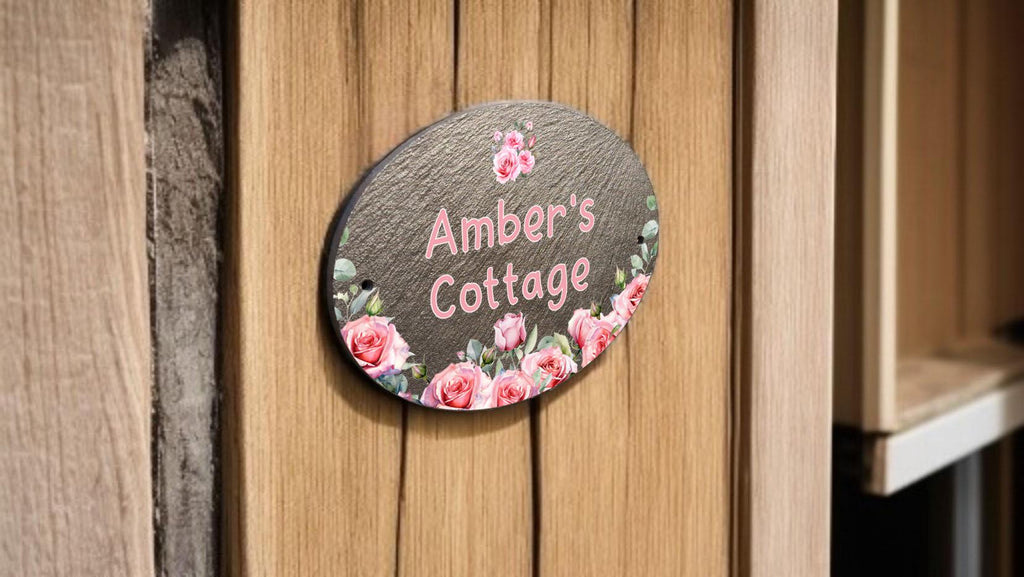 Personalised pink rose play house name - number plaque - Welsh slate - Indoor - Outdoor - Garden - Caravan - Wendy house - Display - Gift