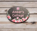 Personalised pink rose play house name - number plaque - Welsh slate - Indoor - Outdoor - Garden - Caravan - Wendy house - Display - Gift
