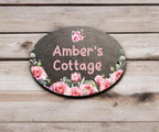 Personalised pink rose play house name - number plaque - Welsh slate - Indoor - Outdoor - Garden - Caravan - Wendy house - Display - Gift
