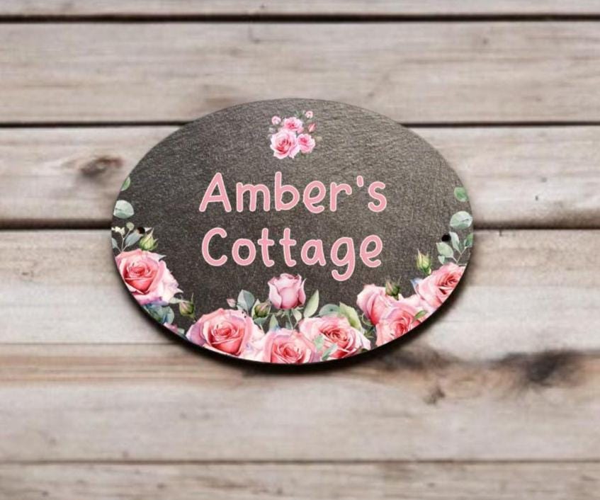 Personalised pink rose play house name - number plaque - Welsh slate - Indoor - Outdoor - Garden - Caravan - Wendy house - Display - Gift