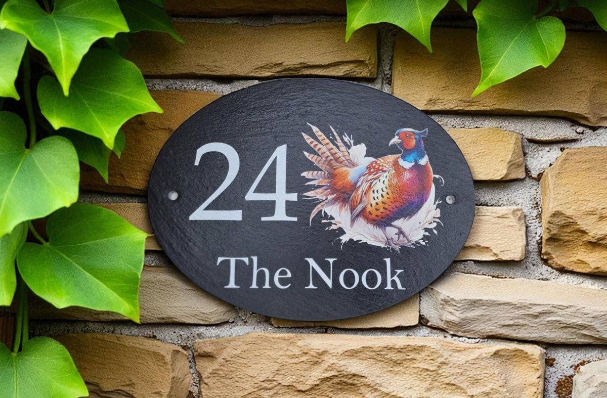 Personalised Pheasant design house name - number plaque - Welsh slate - Indoor - Outdoor - Garden - Caravan - Wendy house - Display - Gift