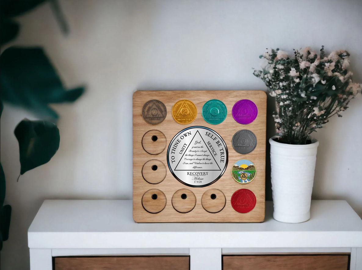 Personalised Recovery Token Display - Chips - Narcotics Alcohol Anonymous Recovery Chip Holder - AA display - Holder - Serenity prayer - NA