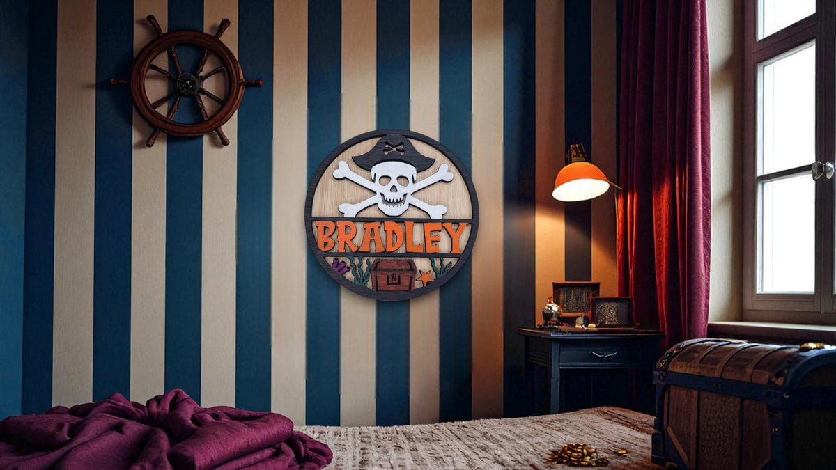 Personalised pirate bedroom name plaque - Name Sign - Jolly Roger - Gift - Craft kit - Captain - Ship - Caribbean - Playroom - Playroom