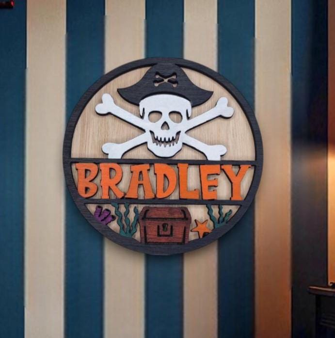 Personalised pirate bedroom name plaque - Name Sign - Jolly Roger - Gift - Craft kit - Captain - Ship - Caribbean - Playroom - Playroom