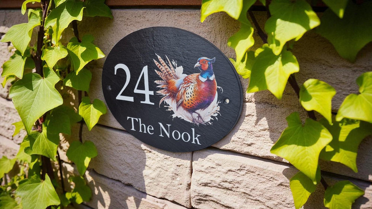 Personalised Pheasant design house name - number plaque - Welsh slate - Indoor - Outdoor - Garden - Caravan - Wendy house - Display - Gift