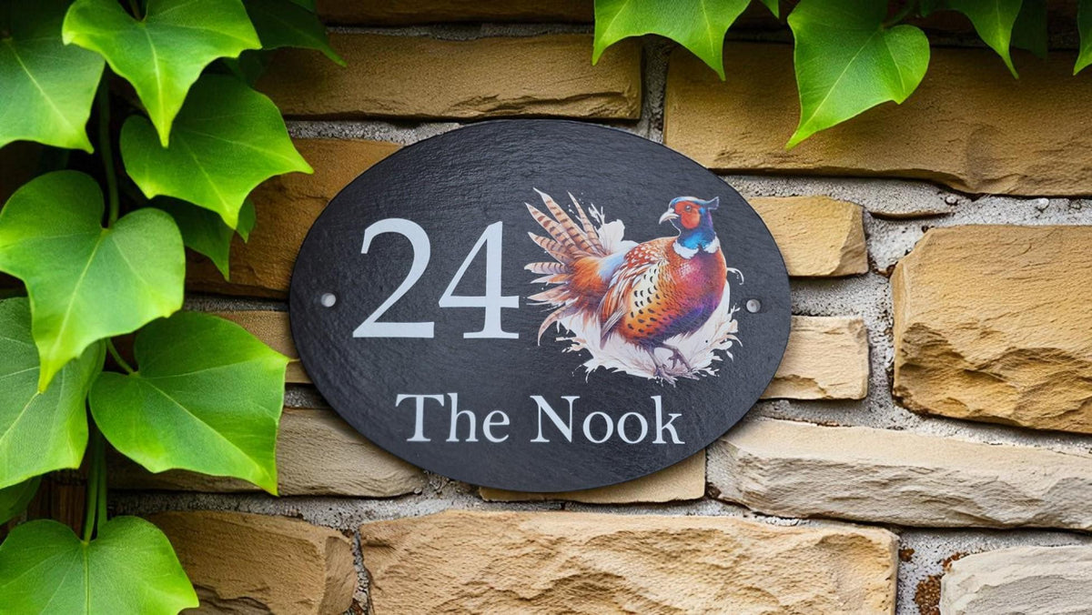 Personalised Pheasant design house name - number plaque - Welsh slate - Indoor - Outdoor - Garden - Caravan - Wendy house - Display - Gift