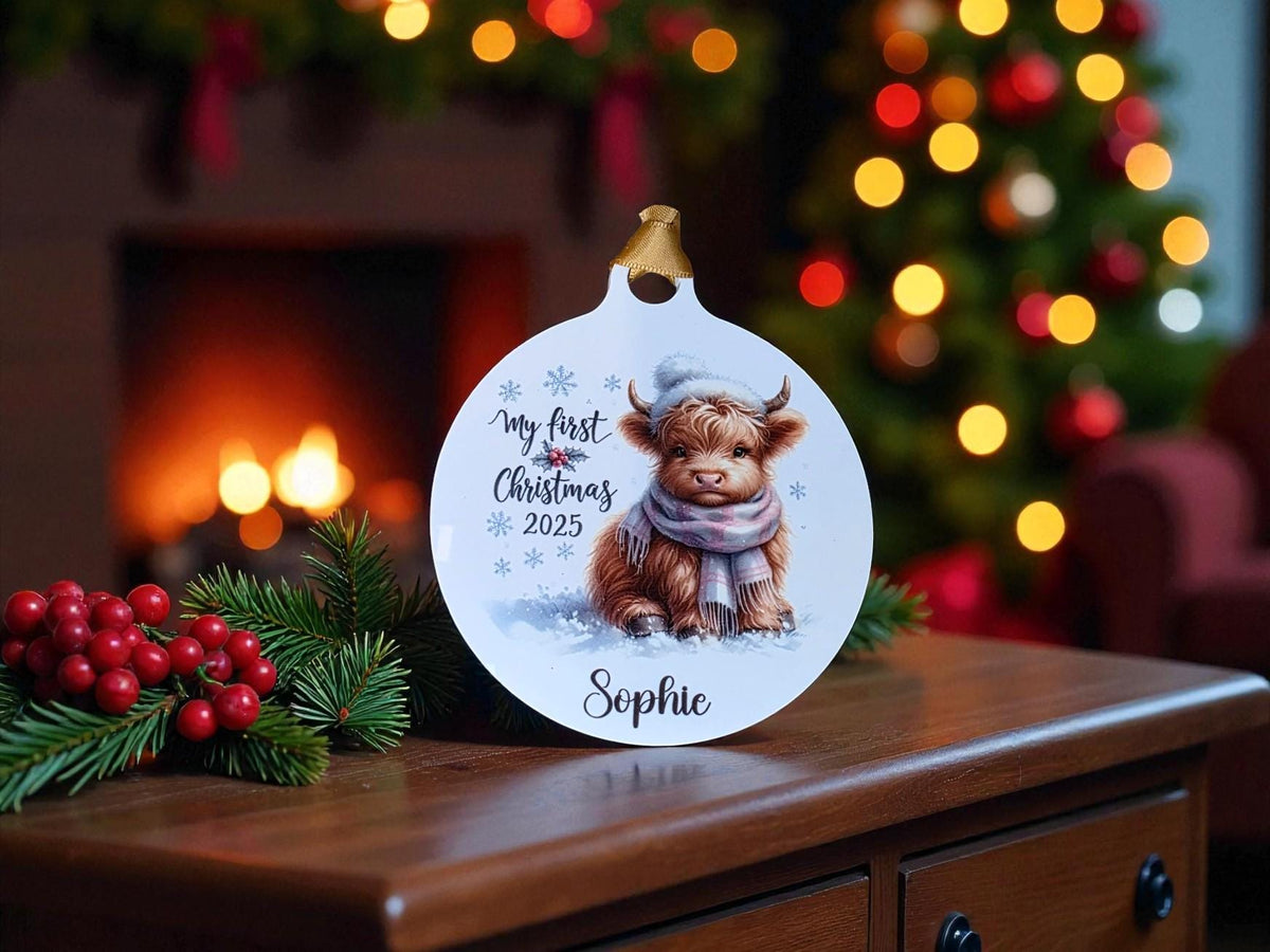Personalised Highland Cow first Christmas bauble - Christmas tree decoration - Cute - Gift - Decor - Baby - Boy - Girl - Present - Novelty