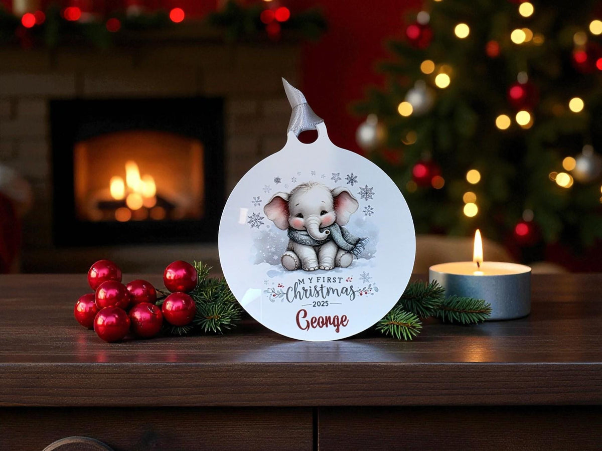 Personalised Elephant first Christmas bauble - Christmas tree decoration - Cute - Gift - Decor - Baby - Boy - Girl - Present - Novelty