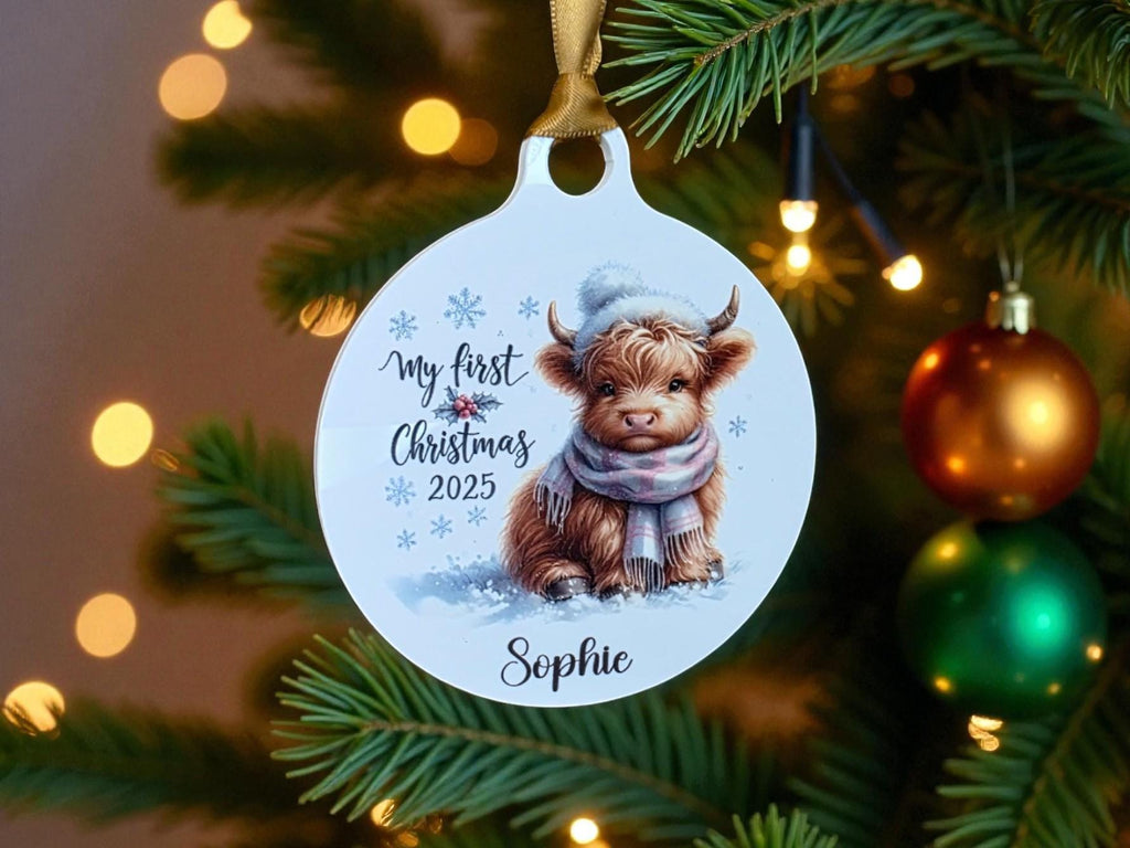 Personalised Highland Cow first Christmas bauble - Christmas tree decoration - Cute - Gift - Decor - Baby - Boy - Girl - Present - Novelty