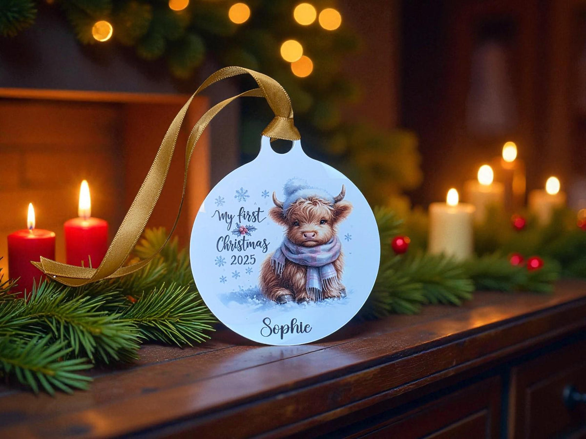 Personalised Highland Cow first Christmas bauble - Christmas tree decoration - Cute - Gift - Decor - Baby - Boy - Girl - Present - Novelty
