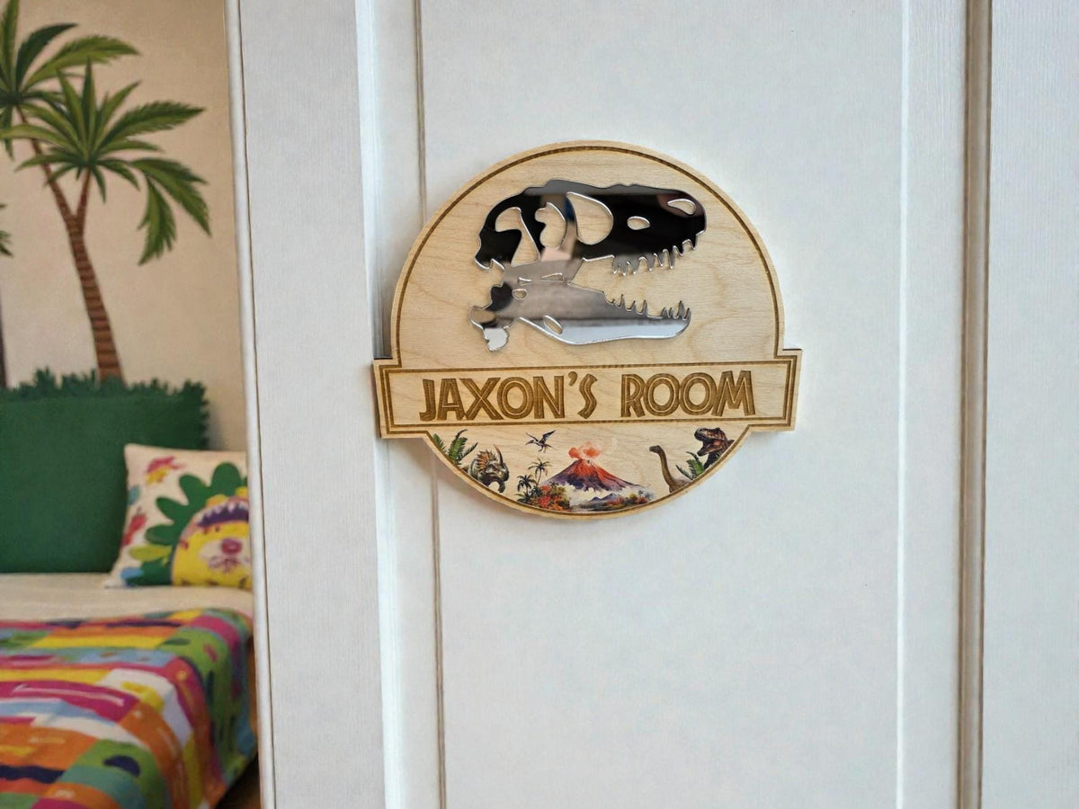 Personalised Dinosaur Name Plaque | Wooden Bedroom Door or Wall Sign | T-Rex Mirror Design - boy or girl - Jurassic - decoration - play room