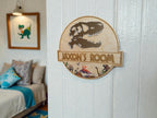 Personalised Dinosaur Name Plaque | Wooden Bedroom Door or Wall Sign | T-Rex Mirror Design - boy or girl - Jurassic - decoration - play room