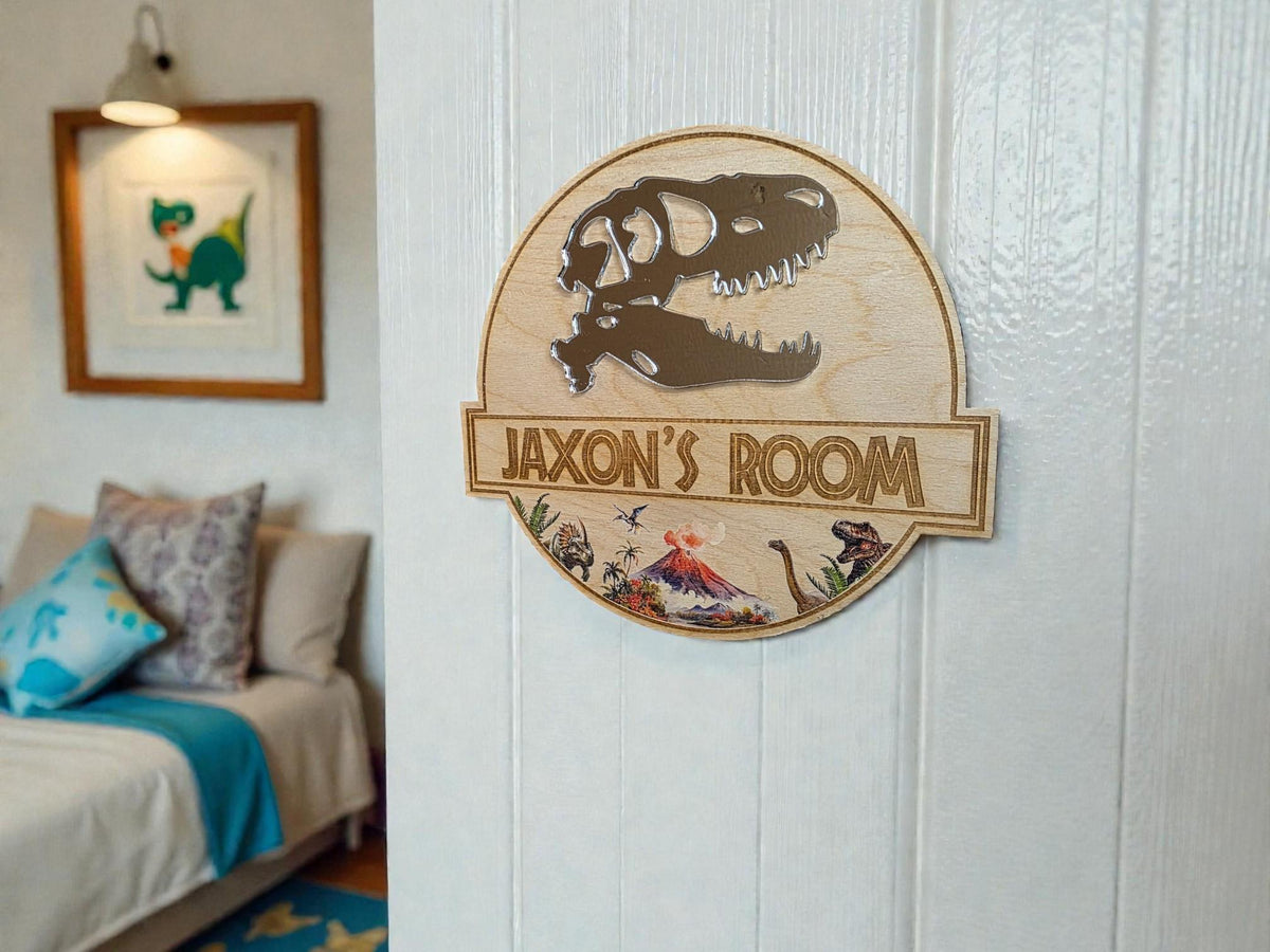 Personalised Dinosaur Name Plaque | Wooden Bedroom Door or Wall Sign | T-Rex Mirror Design - boy or girl - Jurassic - decoration - play room