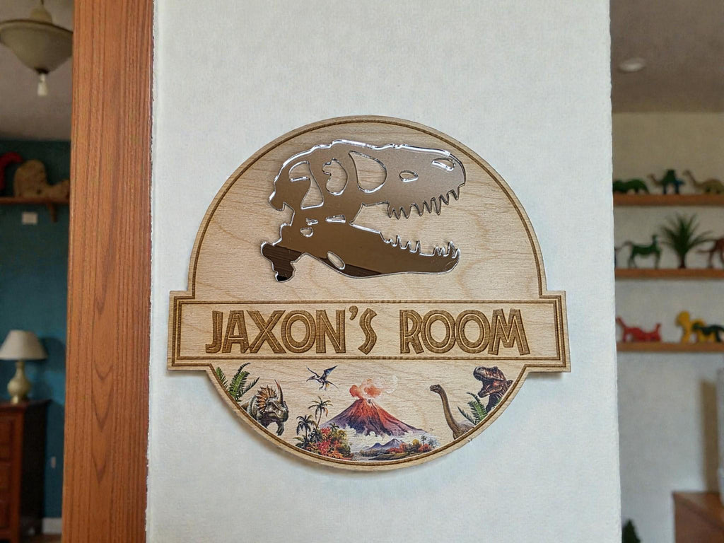 Personalised Dinosaur Name Plaque | Wooden Bedroom Door or Wall Sign | T-Rex Mirror Design - boy or girl - Jurassic - decoration - play room