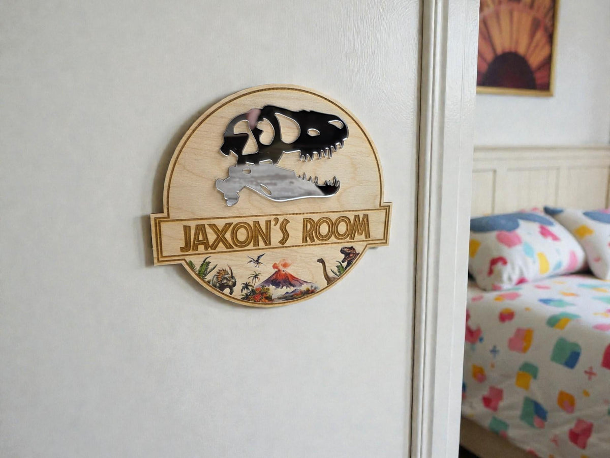 Personalised Dinosaur Name Plaque | Wooden Bedroom Door or Wall Sign | T-Rex Mirror Design - boy or girl - Jurassic - decoration - play room