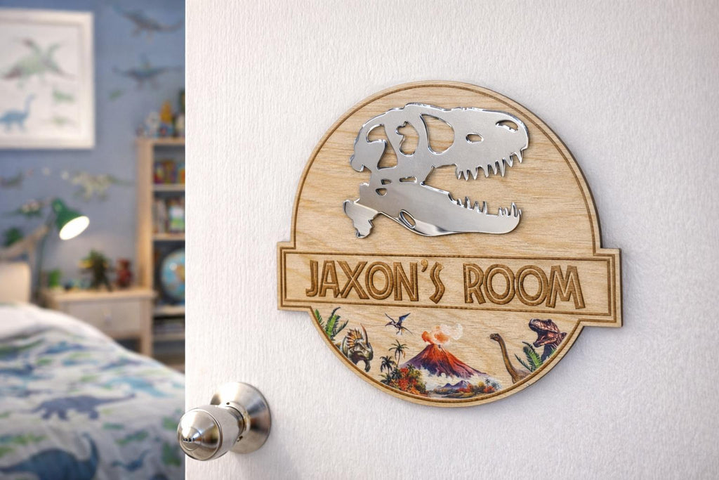 Personalised Dinosaur Name Plaque | Wooden Bedroom Door or Wall Sign | T-Rex Mirror Design - boy or girl - Jurassic - decoration - play room