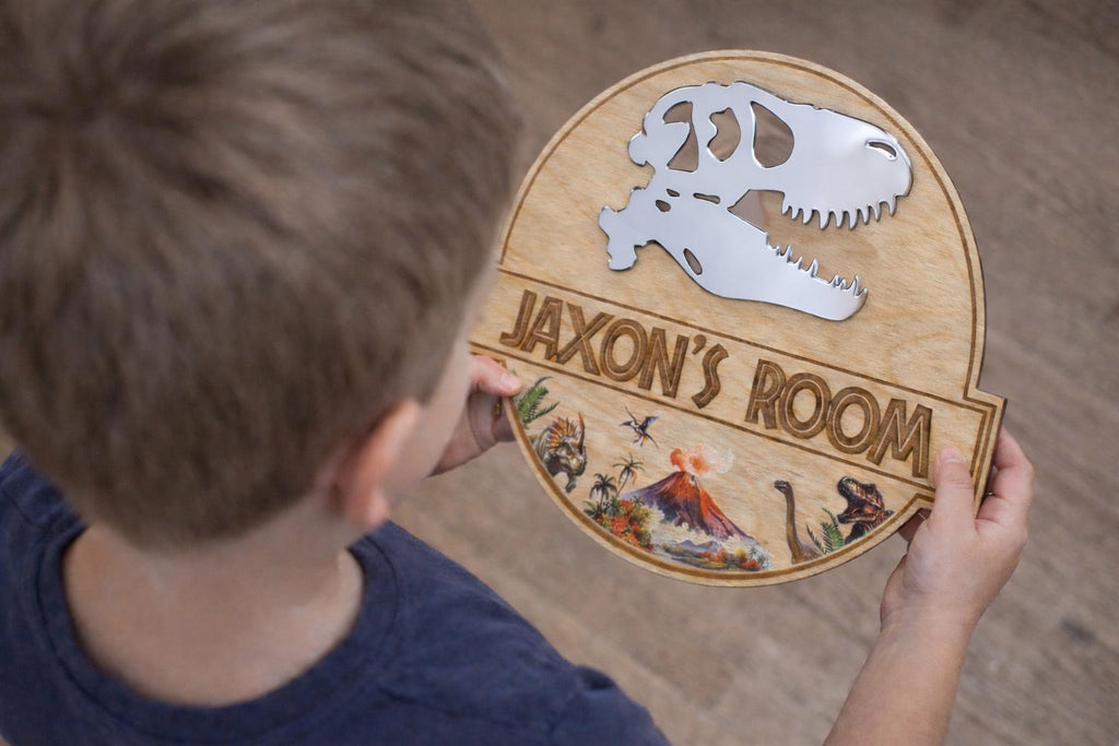Personalised Dinosaur Name Plaque | Wooden Bedroom Door or Wall Sign | T-Rex Mirror Design - boy or girl - Jurassic - decoration - play room