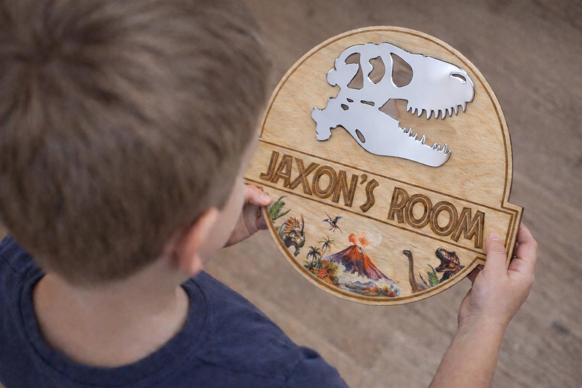 Personalised Dinosaur Name Plaque | Wooden Bedroom Door or Wall Sign | T-Rex Mirror Design - boy or girl - Jurassic - decoration - play room