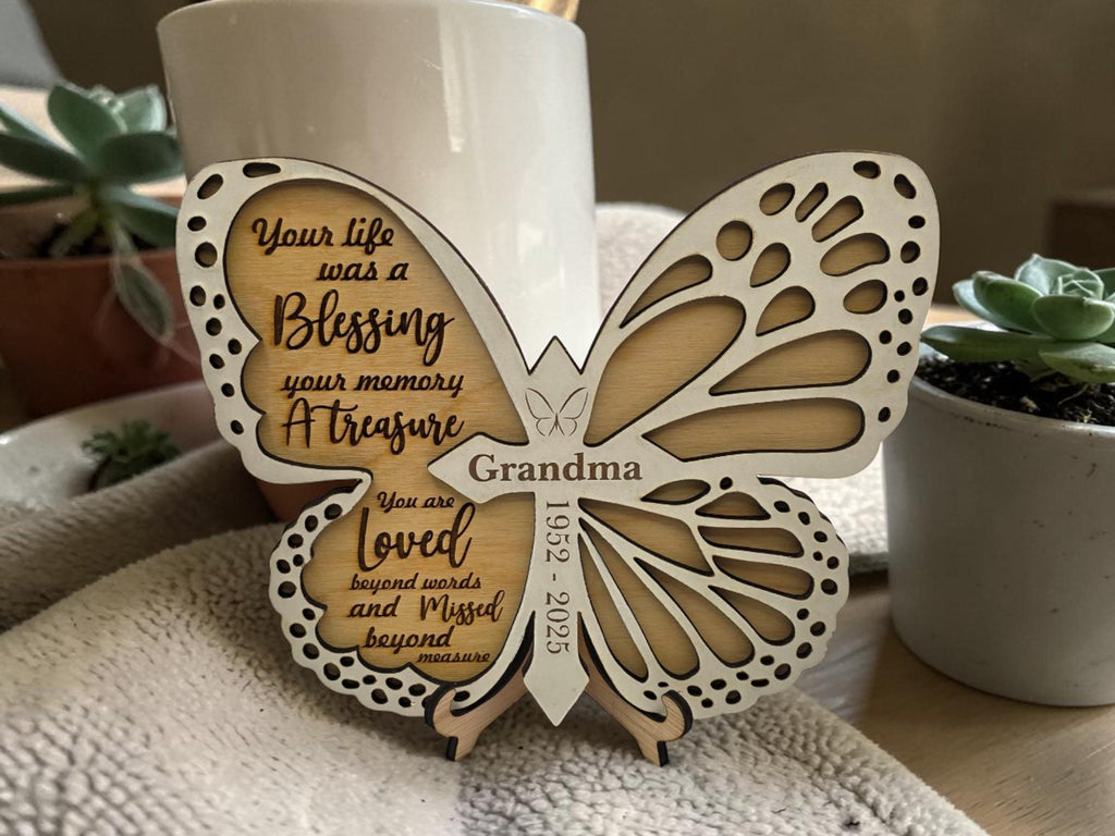 Personalised Butterfly Memorial Plaque | Remembrance Keepsake with Stand | Custom Name & Dates Memorial Gift