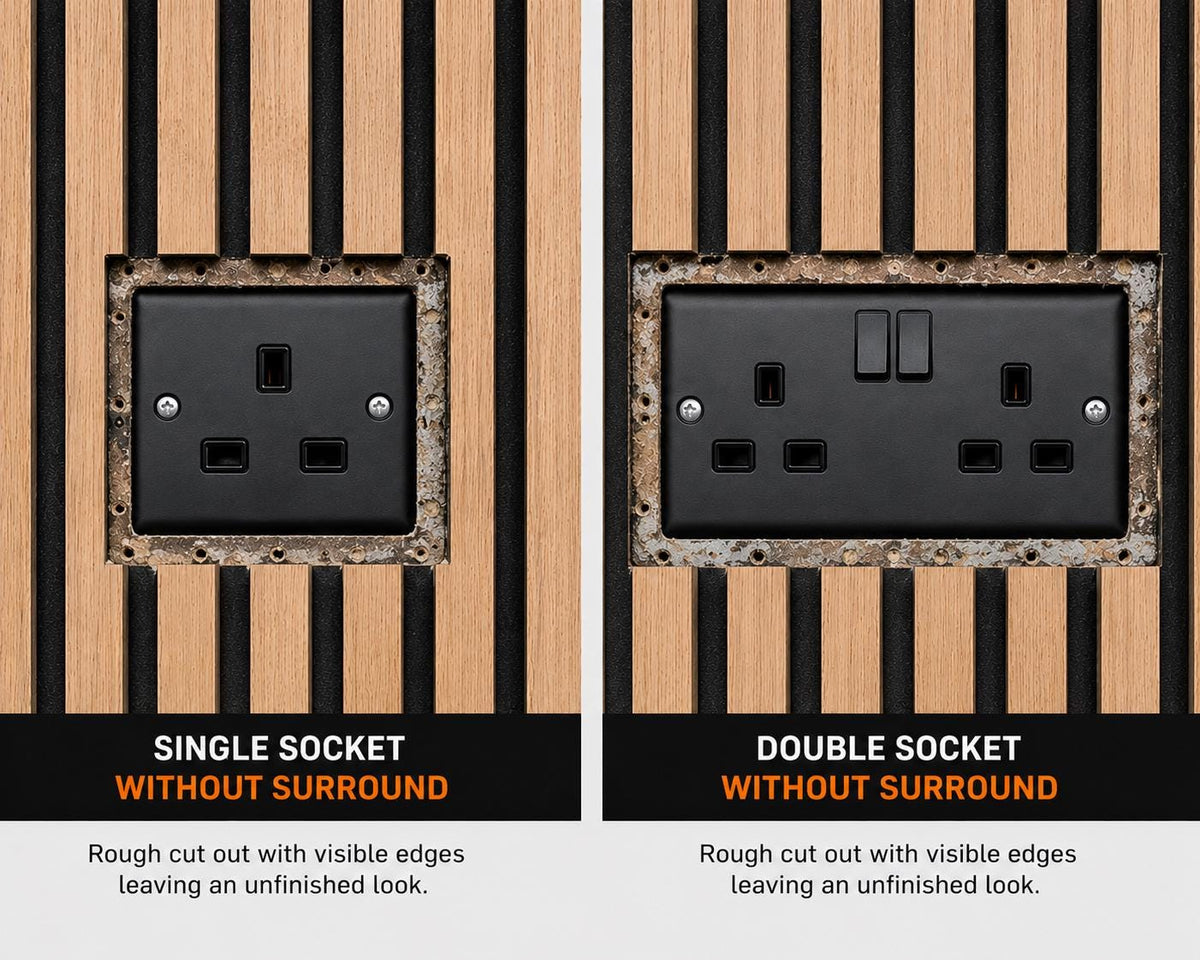 Acoustic Panel Socket Surrounds | Single & Double Socket Options | Media Wall Socket Trim | Slat Wall Socket Cover | Professional Finish