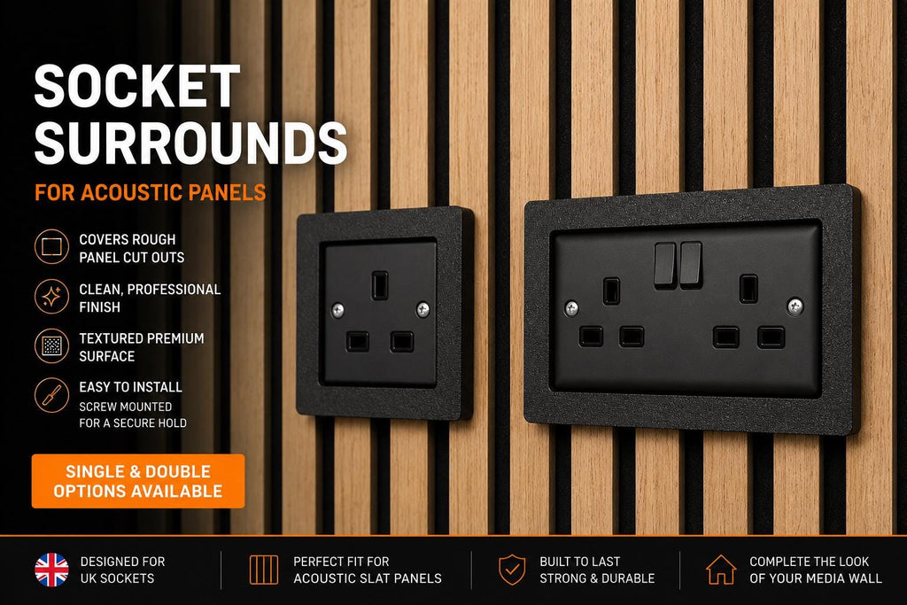 Acoustic Panel Socket Surrounds | Single & Double Socket Options | Media Wall Socket Trim | Slat Wall Socket Cover | Professional Finish
