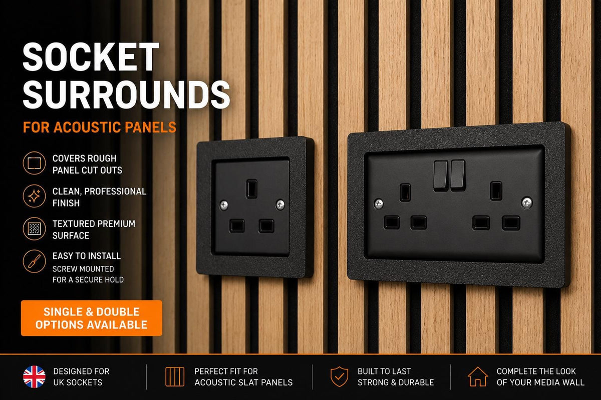 Acoustic Panel Socket Surrounds | Single & Double Socket Options | Media Wall Socket Trim | Slat Wall Socket Cover | Professional Finish