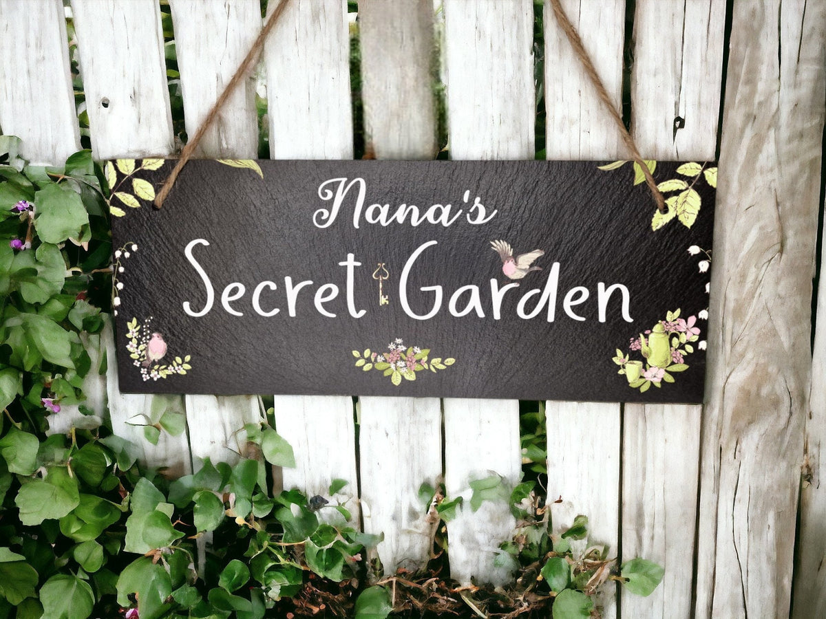 Personalised Secret Garden sign decoration - Printed onto high quality Welsh slate - great gift - Gardening - rockery - yard art - Fairies