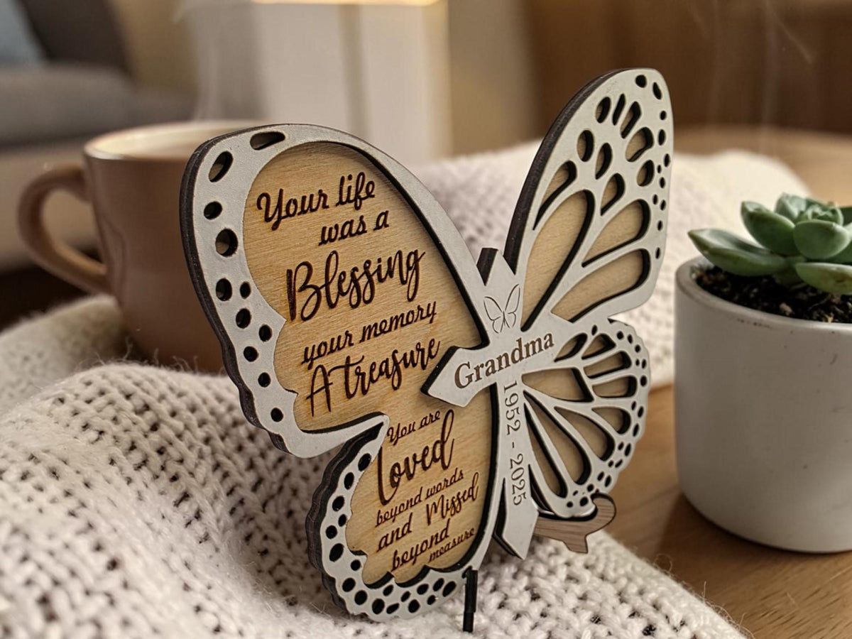 Personalised Butterfly Memorial Plaque | Remembrance Keepsake with Stand | Custom Name & Dates Memorial Gift