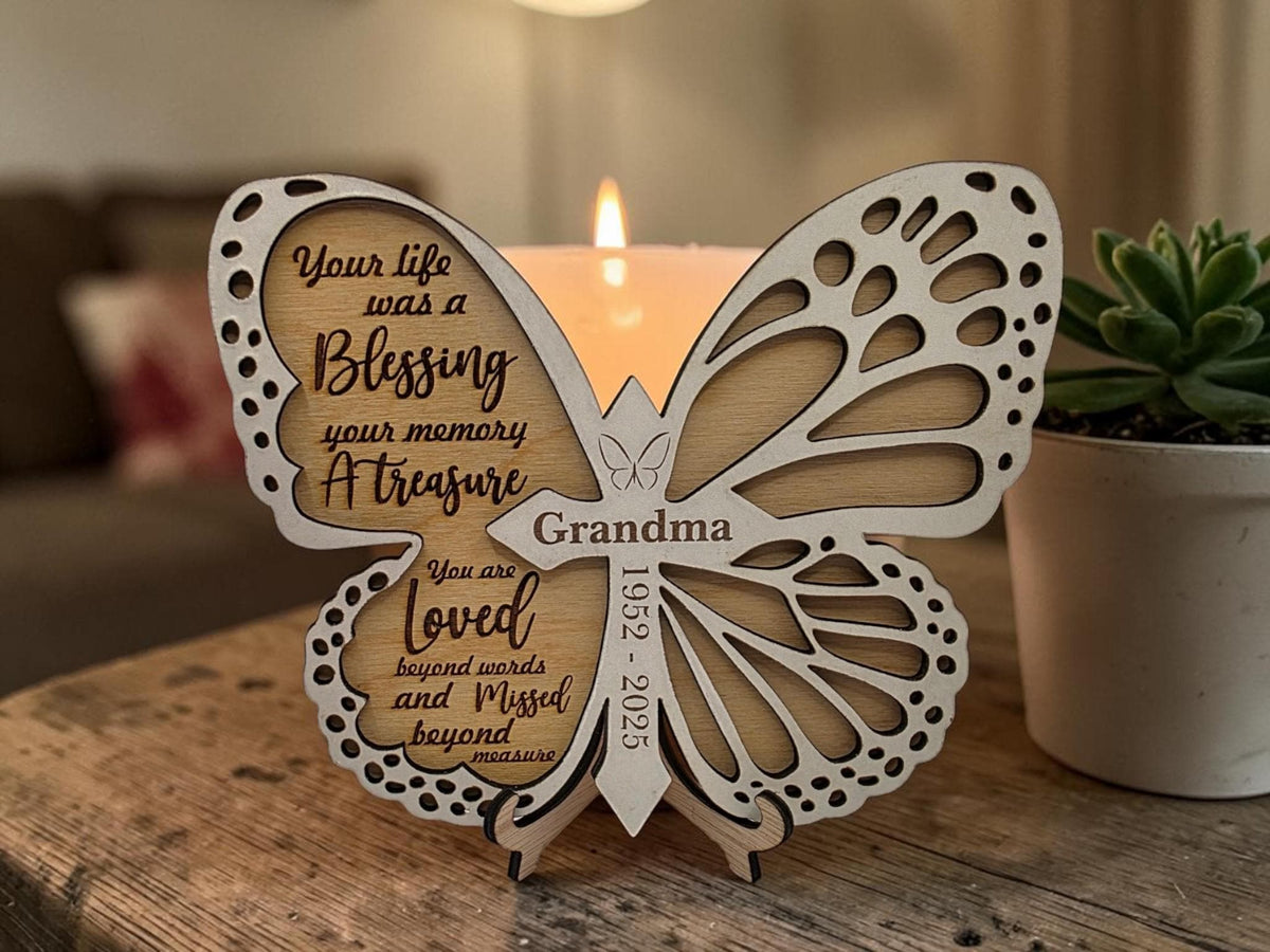 Personalised Butterfly Memorial Plaque | Remembrance Keepsake with Stand | Custom Name & Dates Memorial Gift