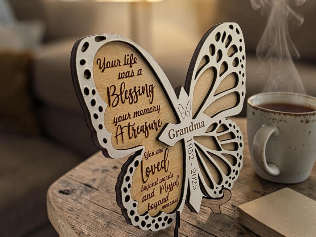 Personalised Butterfly Memorial Plaque | Remembrance Keepsake with Stand | Custom Name & Dates Memorial Gift