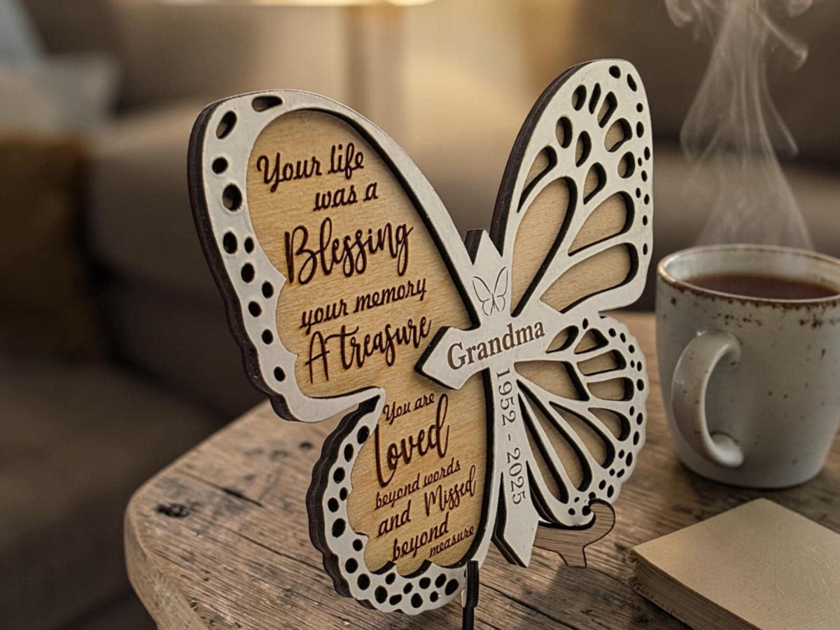 Personalised Butterfly Memorial Plaque | Remembrance Keepsake with Stand | Custom Name & Dates Memorial Gift