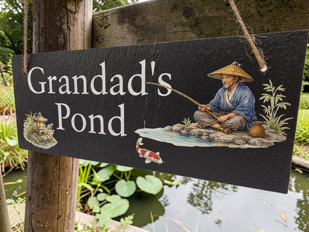 Personalised Garden Pond sign decoration - Printed onto high quality Welsh slate - great gift - Koi Pond - Gardening - rockery - yard art