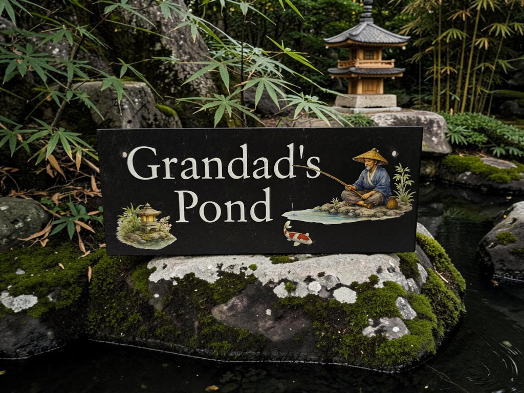 Personalised Garden Pond sign decoration - Printed onto high quality Welsh slate - great gift - Koi Pond - Gardening - rockery - yard art