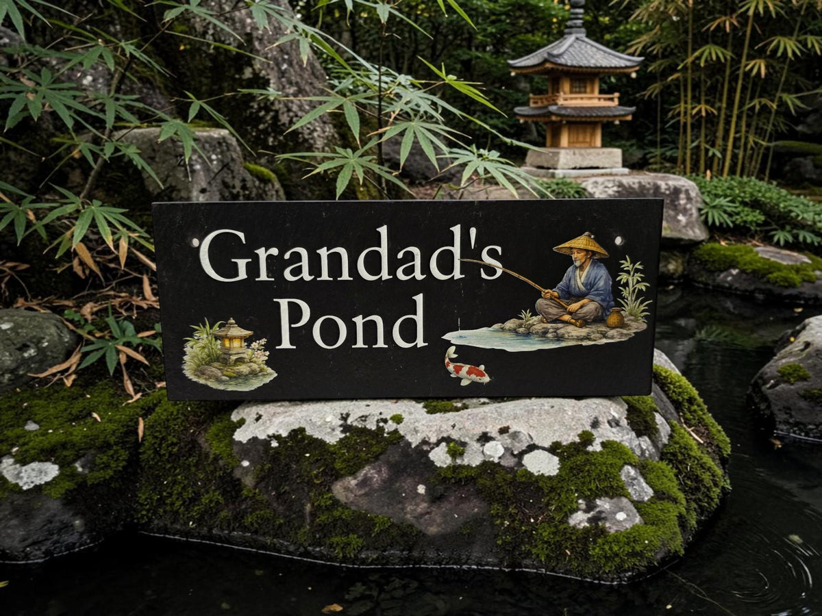 Personalised Garden Pond sign decoration - Printed onto high quality Welsh slate - great gift - Koi Pond - Gardening - rockery - yard art