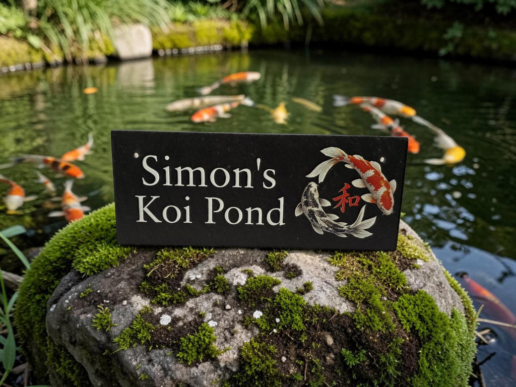 Personalised Garden Pond sign decoration - Printed onto high quality Welsh slate - great gift - Koi Pond - Gardening - rockery - yard art